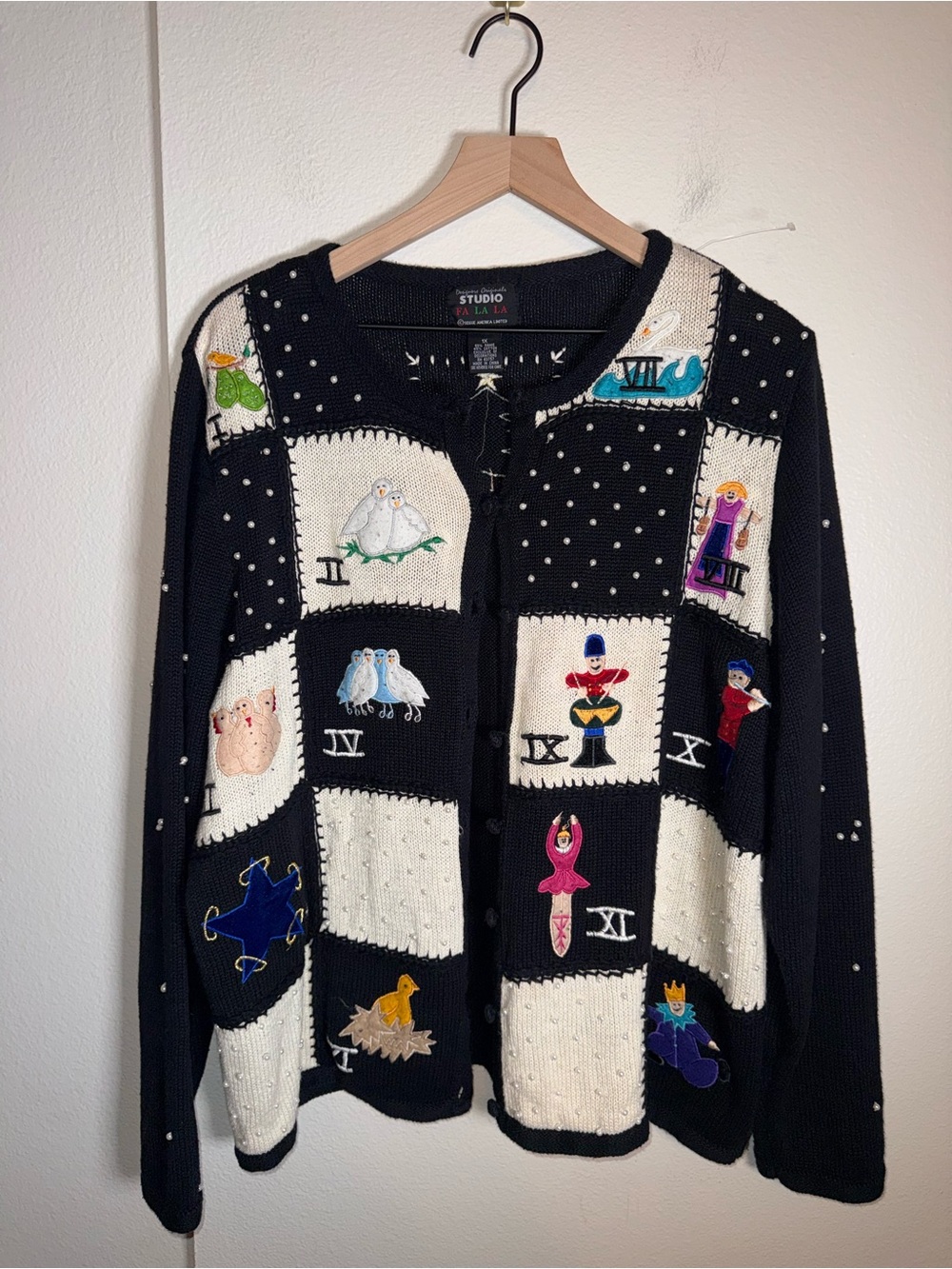 VINTAGE STUDIO FA LA LA 12 days of Christmas hand knit embroidered cardigan 1X